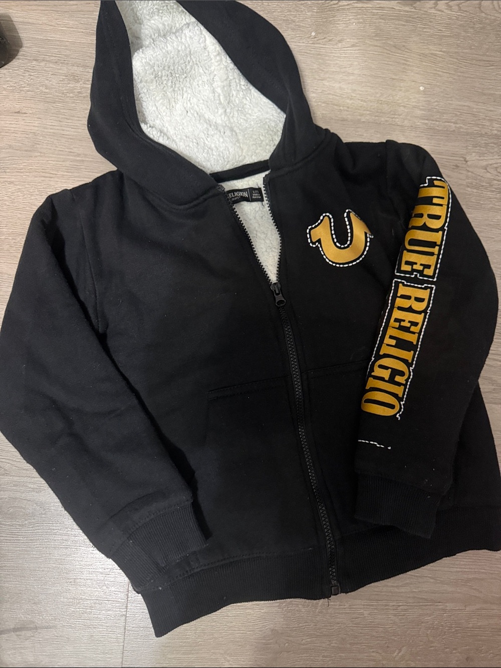 True Religion Kids Black Hooded Zip Jacket with Yellow Logo Accent